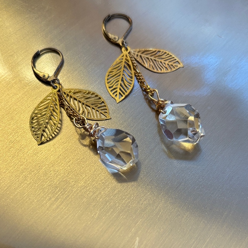 Swarovski crystal Gold Leaf dangle Earrings